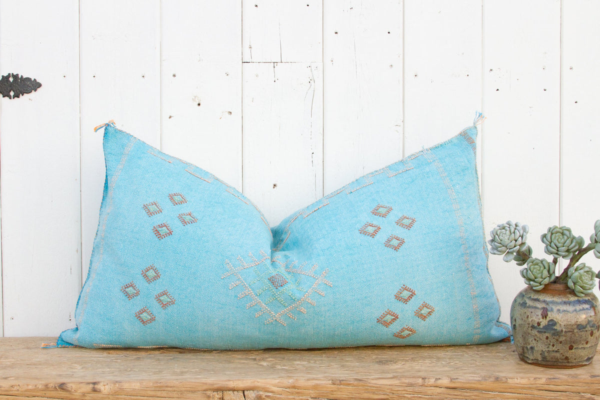 Aqua Long Lumbar Moroccan Silk Rug Pillow