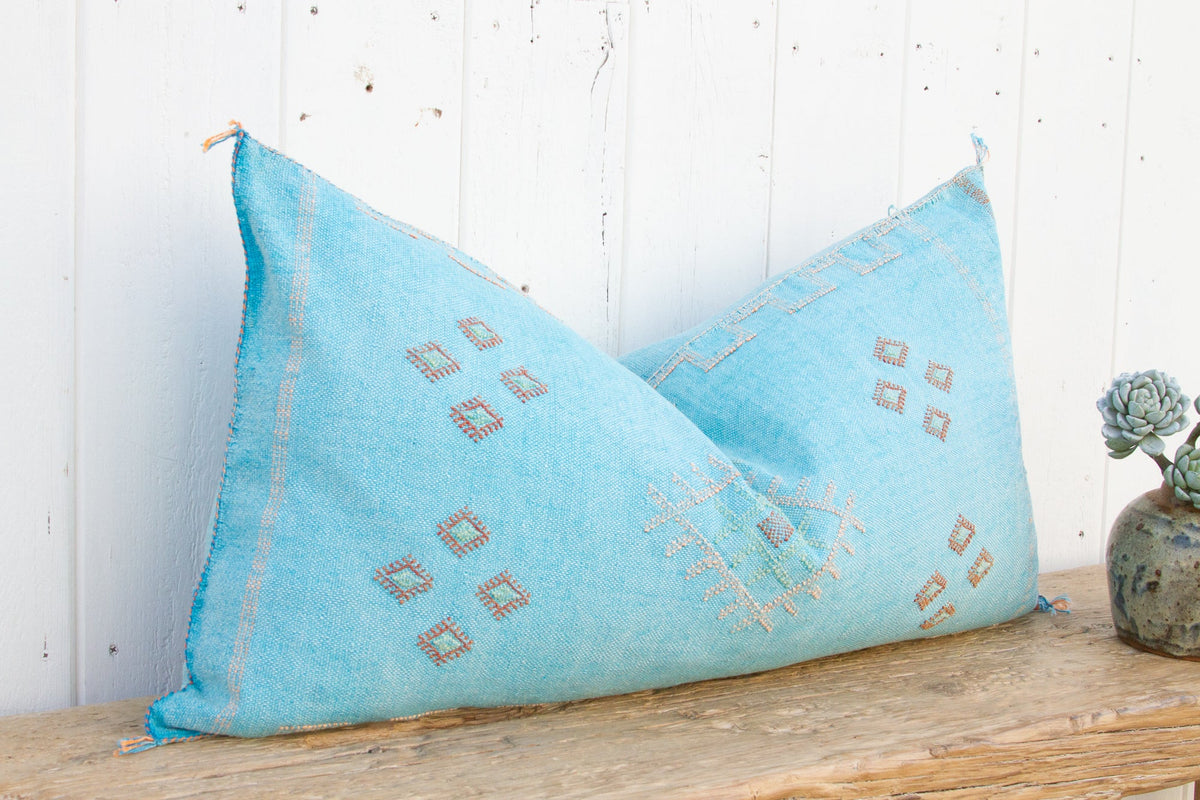 Aqua Long Lumbar Moroccan Silk Rug Pillow