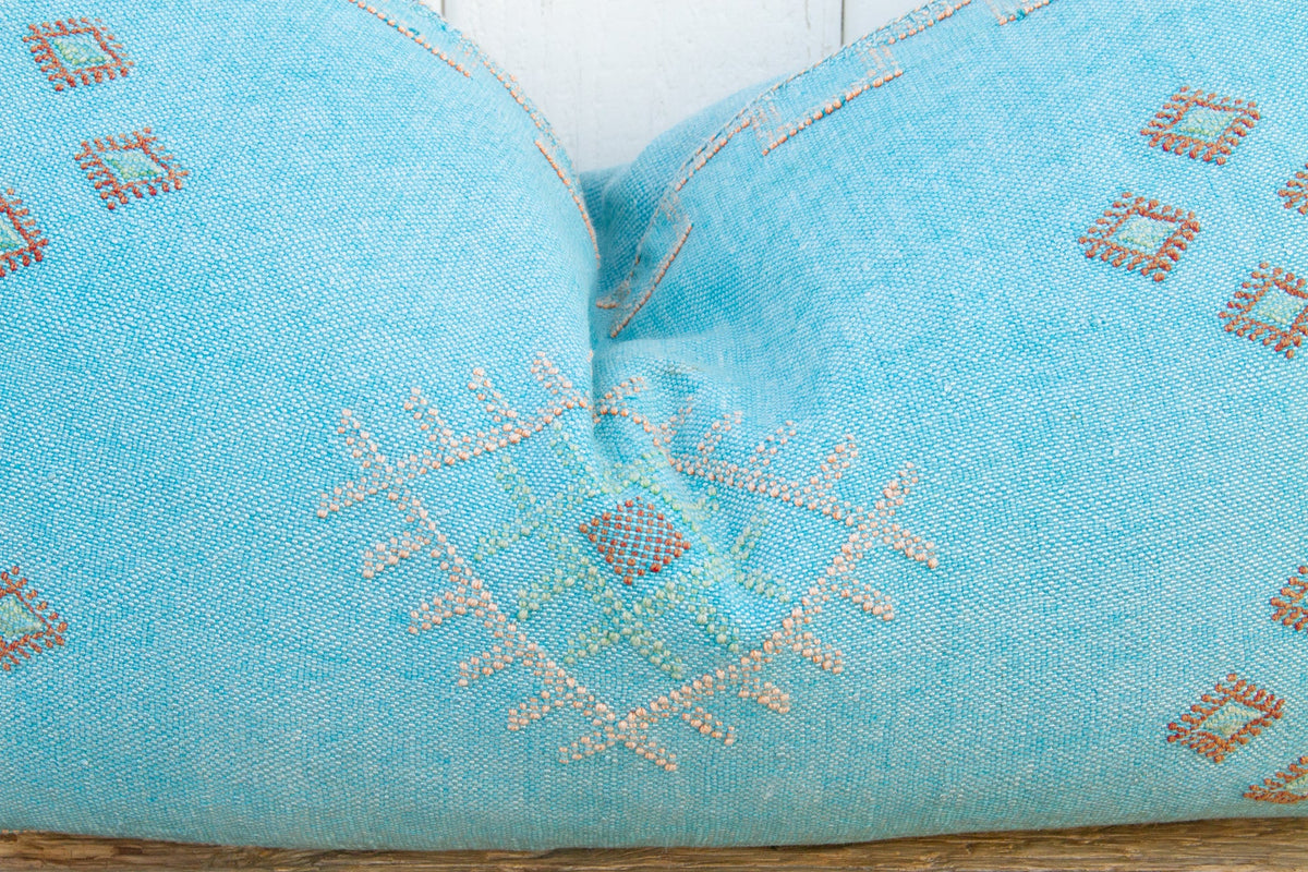 Aqua Long Lumbar Moroccan Silk Rug Pillow