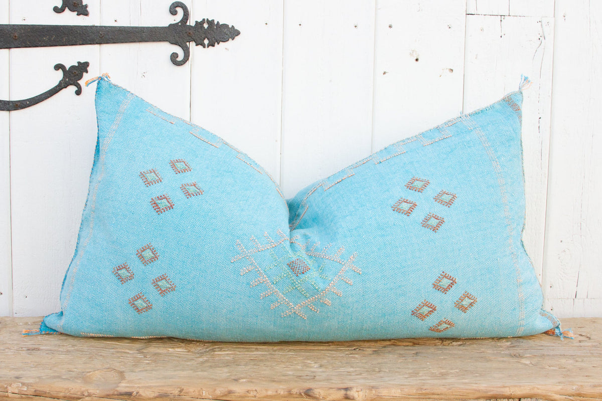 Aqua Long Lumbar Moroccan Silk Rug Pillow