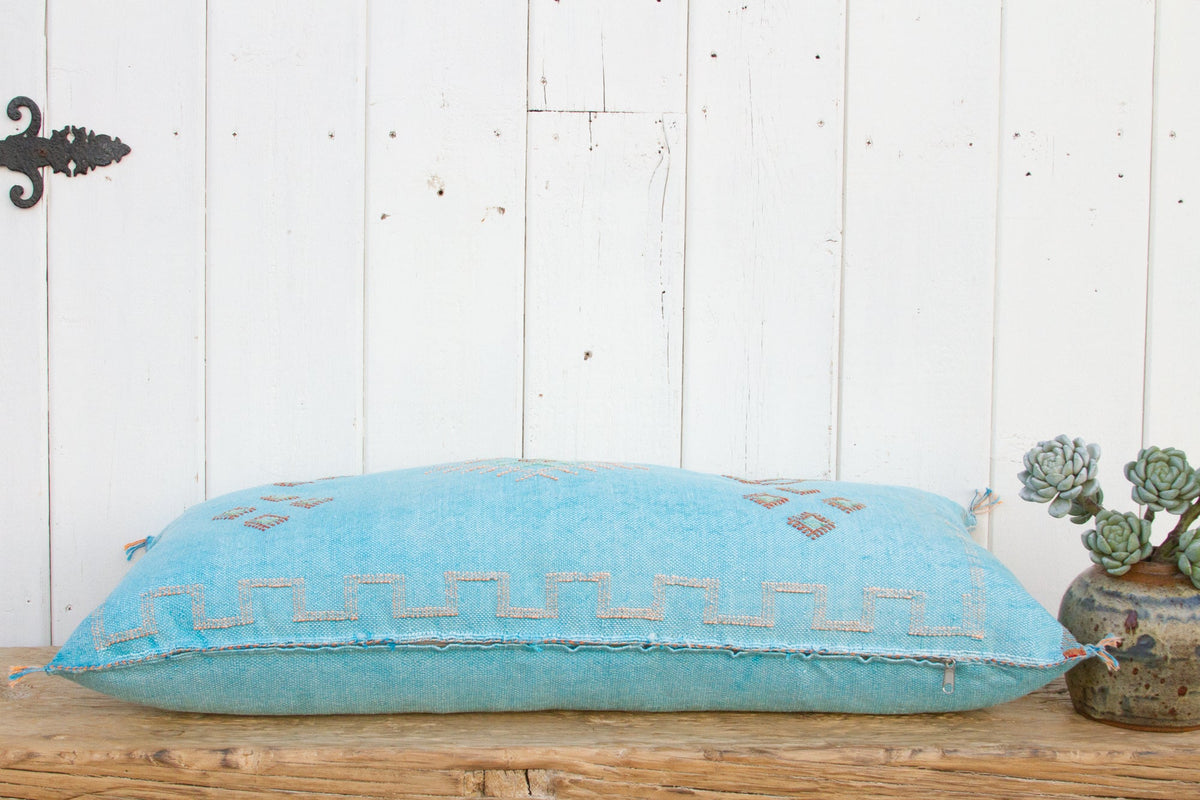 Aqua Long Lumbar Moroccan Silk Rug Pillow