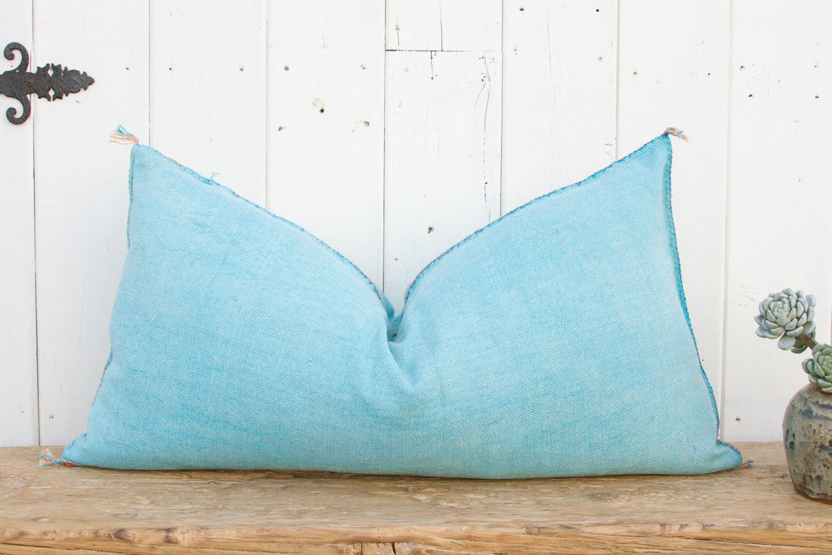 Aqua Long Lumbar Moroccan Silk Rug Pillow