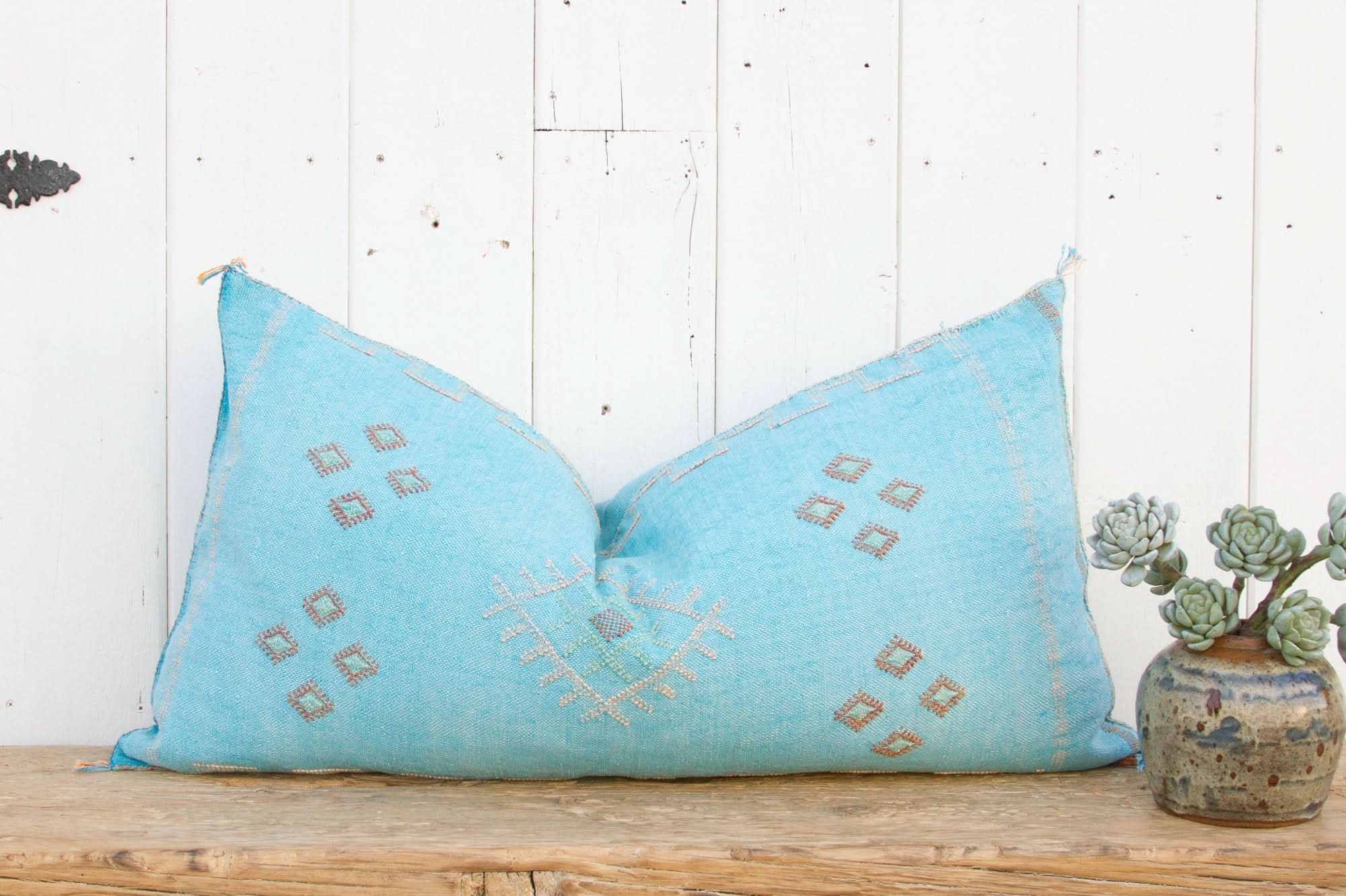 Aqua Long Lumbar Moroccan Silk Rug Pillow - Cultheir