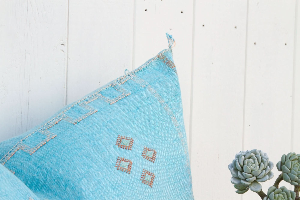 Aqua Long Lumbar Moroccan Silk Rug Pillow - Cultheir