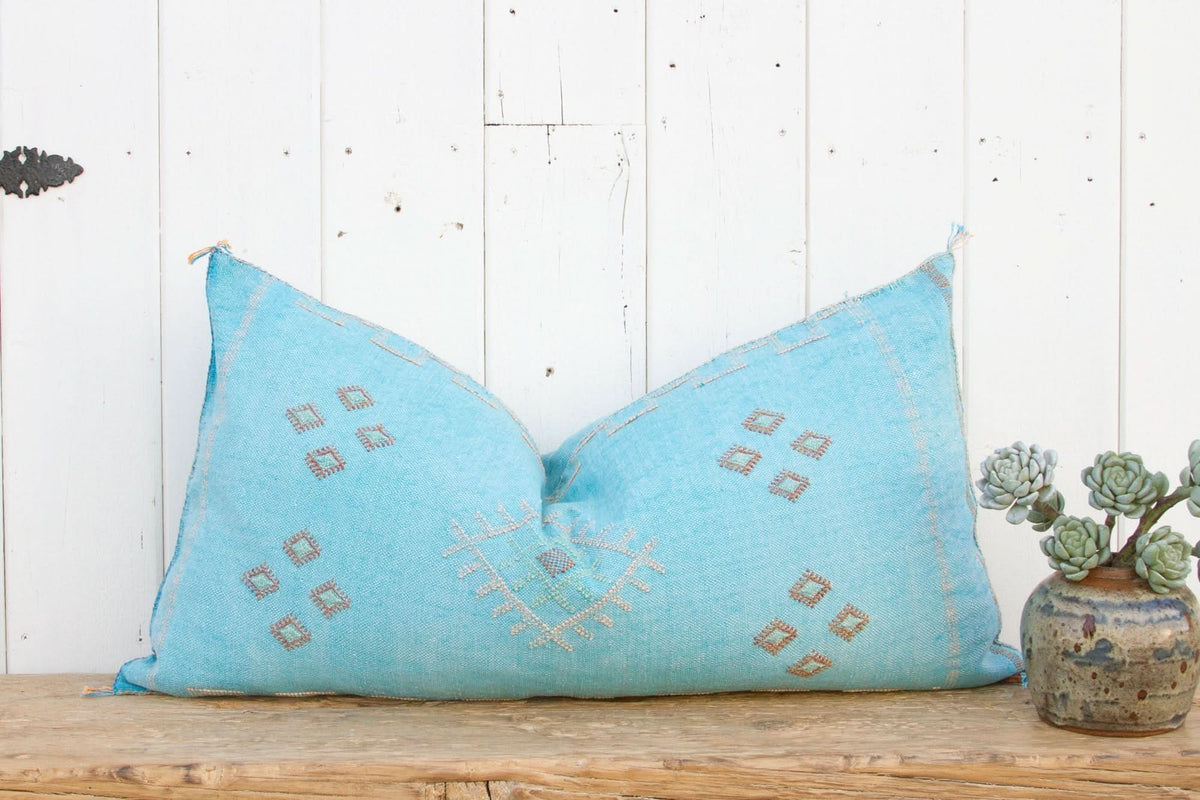 Aqua Long Lumbar Moroccan Silk Rug Pillow - Cultheir