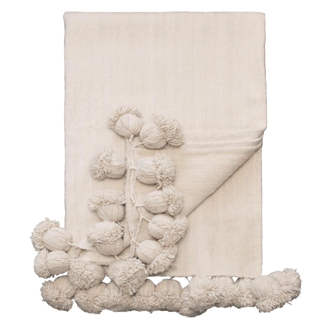 Ivory Wool Throw Blanket/Coverlet with Pom Poms - Cultheir 
